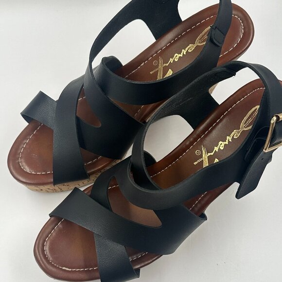 Seven 7 Winnie Wedge Black Wooden Cork Womens Size 9 Strappy Buckle Heel - Picture 3 of 7